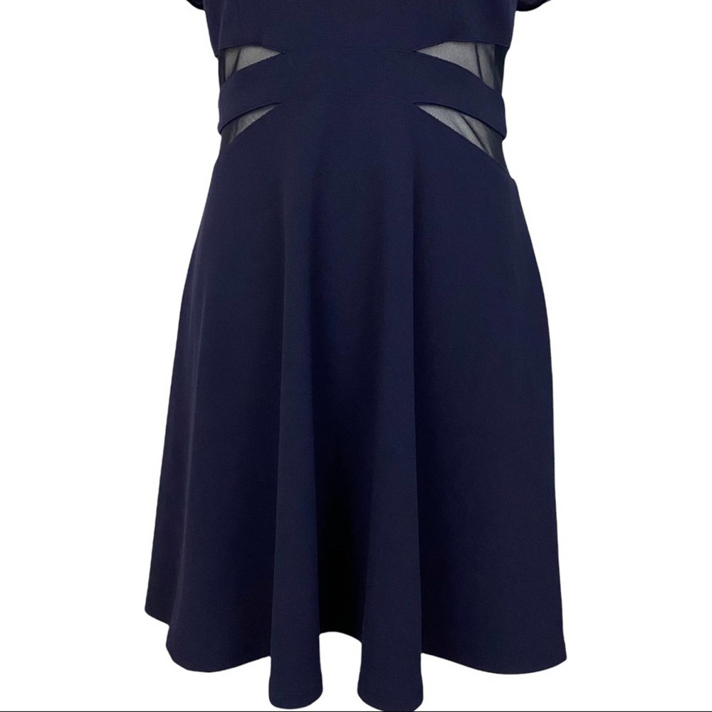 XTRAORDINARY | Navy Blue Cold Shoulder Sheer Cutout Mini Party Cocktail Dress - Picture 5 of 16